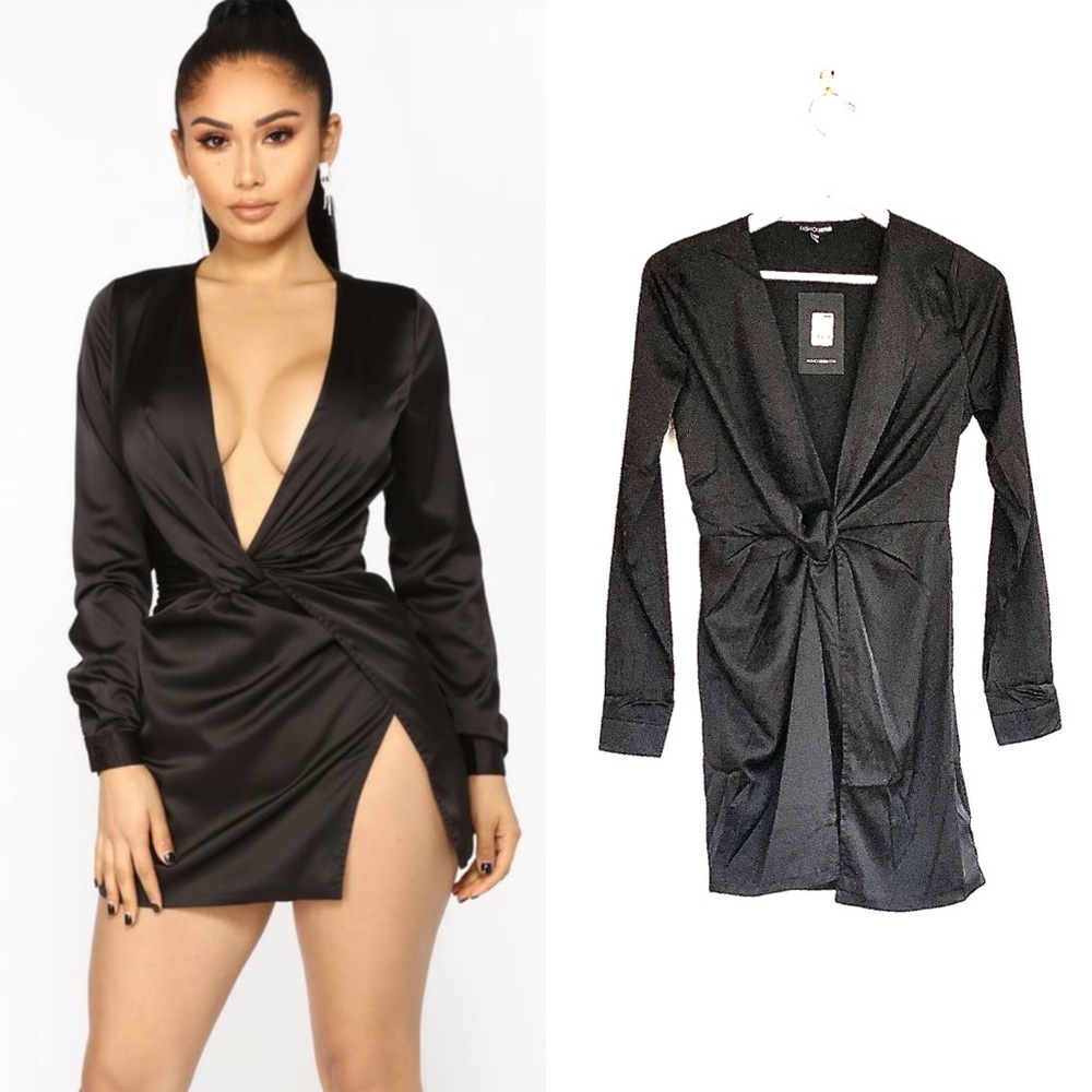 Fashion Nova Black Satin Twist-Front Mini Dress